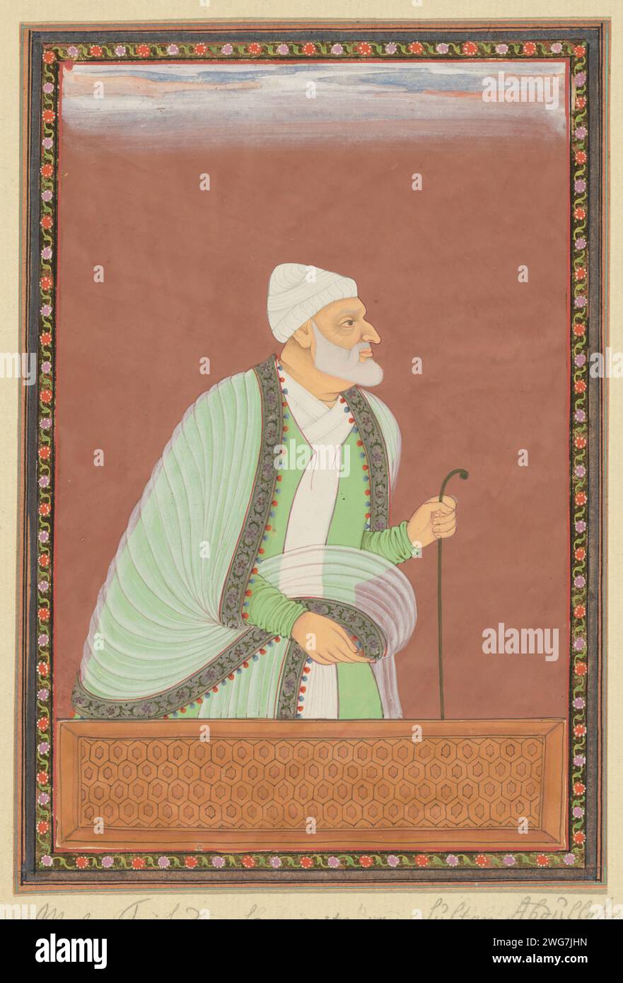 Portrait of Mulla Tayfur, who has been the teacher (Ustad) of Sultan Abdullah, c. 1686 drawing. Indian miniature Mulla Tayfur is depicted up to his hips, as a curved old man, used to the right, with a staff in his left hand. Leaf 31 in the `Witsen-Album ', with 49 Indian miniatures of princes. Above the portrait a piece of paper with the name in Persian. Under the portrait a piece of paper with the name in the Portuguese. Golkonda paper. deck paint. gold leaf. gouache (paint) brush ruler, sovereign. historical person (...) - historical person (...) portrayed alone Stock Photo